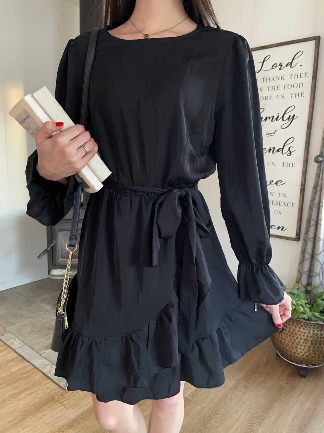 Women Flowy Long Sleeve Crew Neck Ruffles Mini Short Dress Bell Sleeve Solid Color with Belt (Black, Medium)