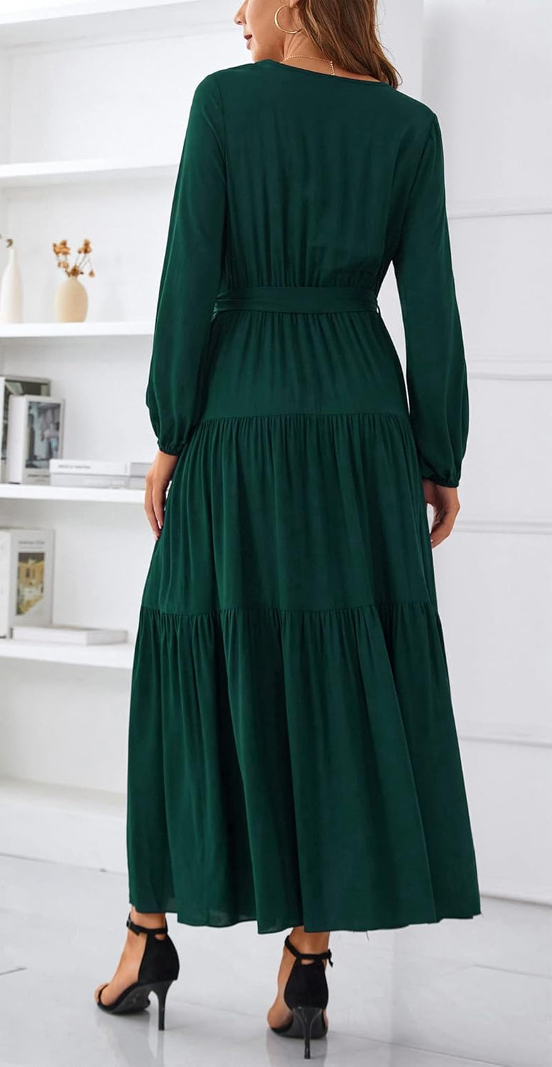 Womens V Neck Long Sleeve Casual a Line Tiered Fall Vintage Party Midi Long Maxi Dress with Belt