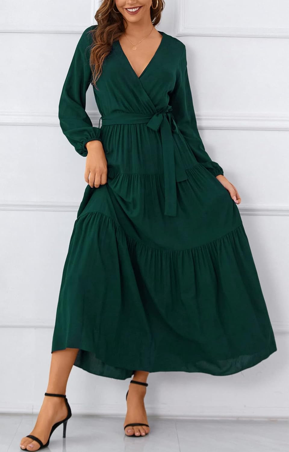 Womens V Neck Long Sleeve Casual a Line Tiered Fall Vintage Party Midi Long Maxi Dress with Belt