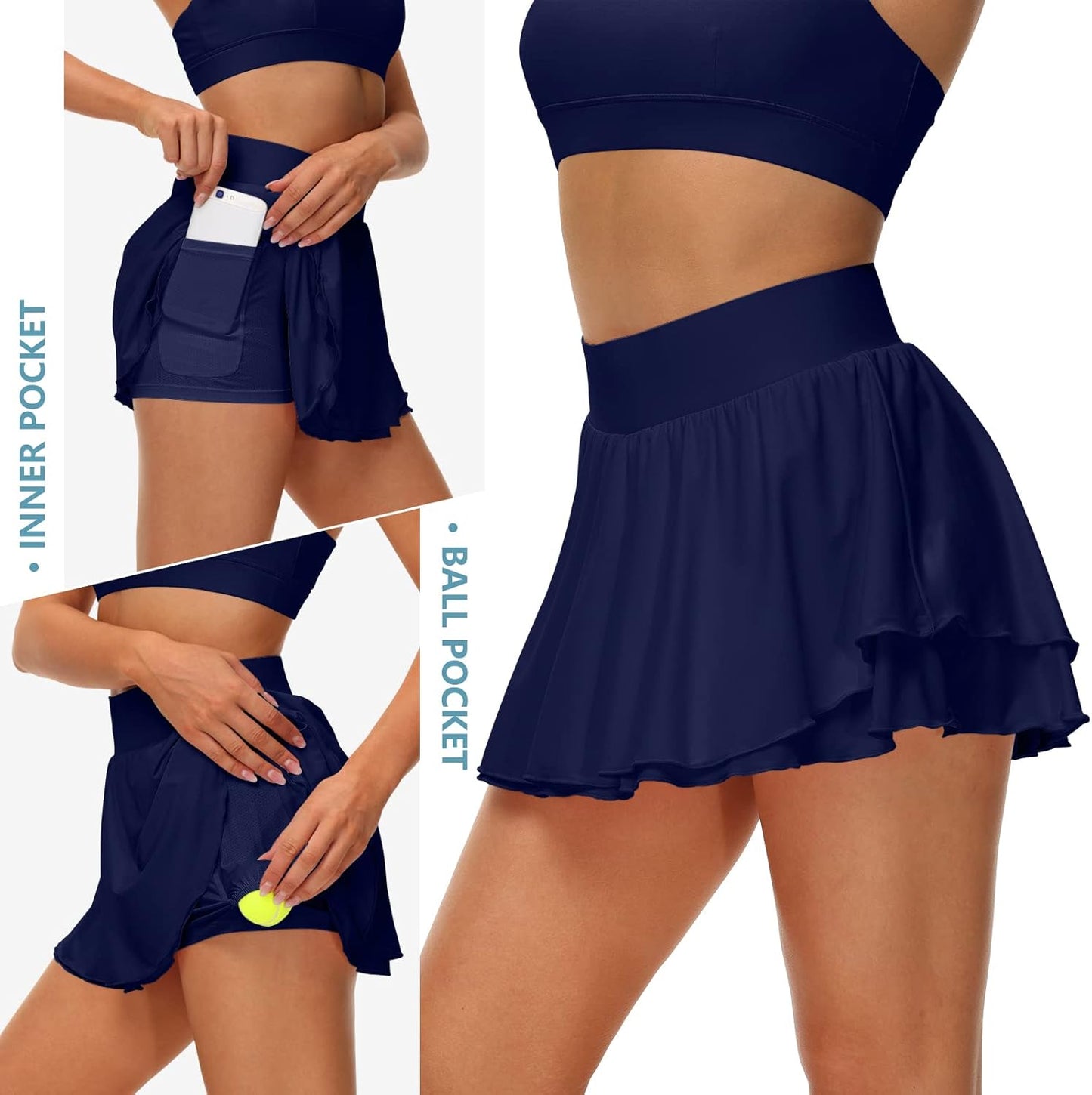 Women'S Athletic Tennis Skirts with Pockets 13In Ruffle Golf Running Workout Ice Silk Flowy Skorts with Sports Shorts