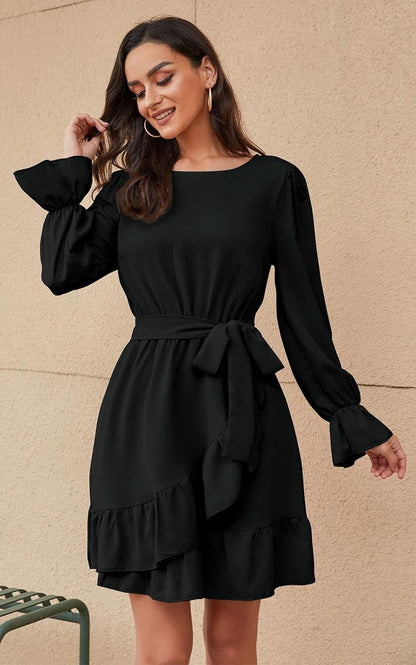 Women Flowy Long Sleeve Crew Neck Ruffles Mini Short Dress Bell Sleeve Solid Color with Belt (Black, Medium)