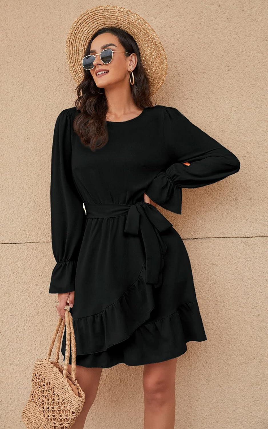 Women Flowy Long Sleeve Crew Neck Ruffles Mini Short Dress Bell Sleeve Solid Color with Belt (Black, Medium)